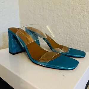 Kurt Geiger Party Clear Block Heel Sandal Glass Slipper Barbie Blue Size 8.5, NW